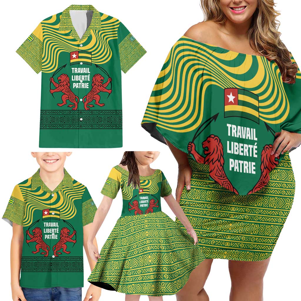 Togo Family Matching Off Shoulder Short Dress and Hawaiian Shirt with Red Twin Lions and Travail Liberté Patrie Slogan