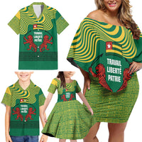 Togo Family Matching Off Shoulder Short Dress and Hawaiian Shirt with Red Twin Lions and Travail Liberté Patrie Slogan