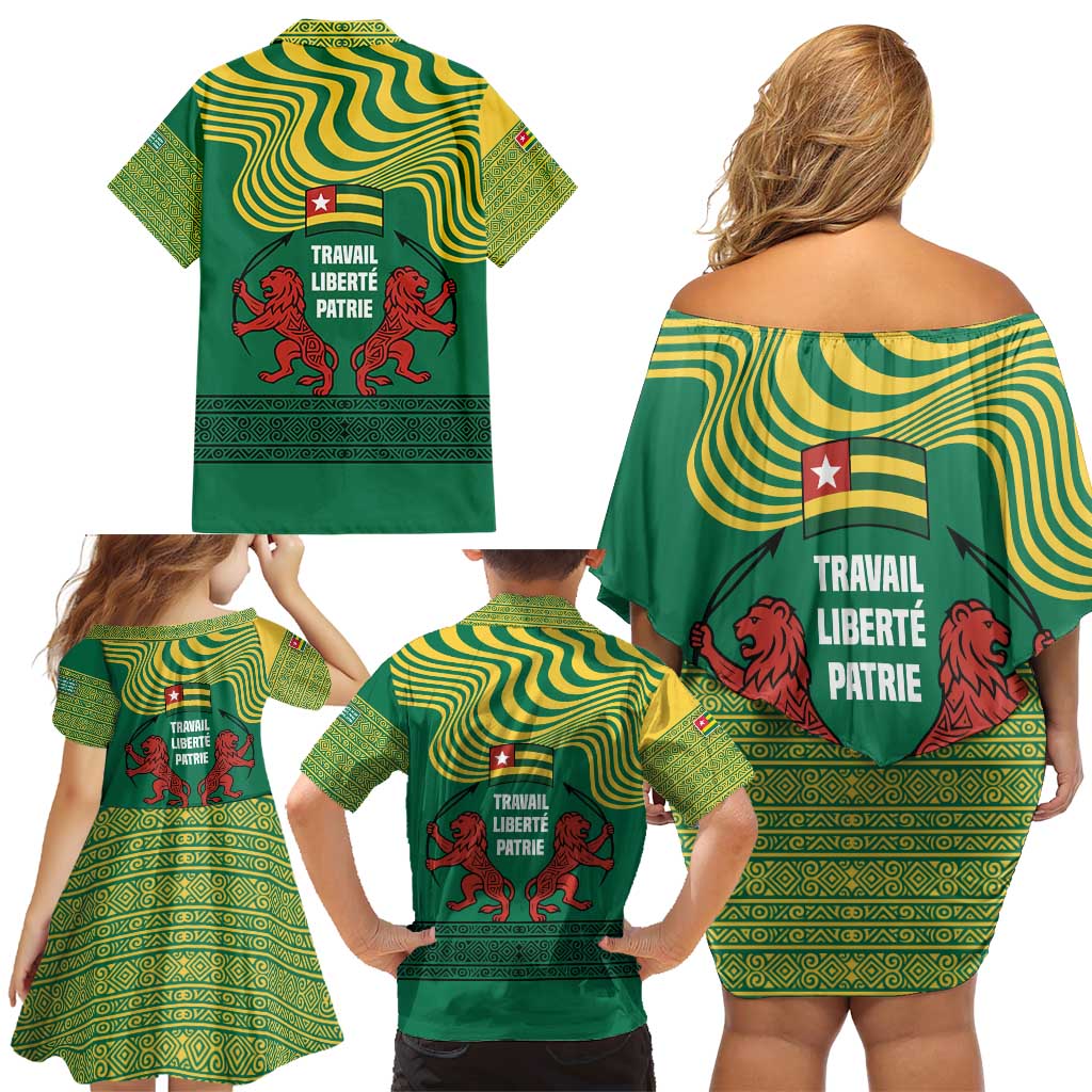 Togo Family Matching Off Shoulder Short Dress and Hawaiian Shirt with Red Twin Lions and Travail Liberté Patrie Slogan