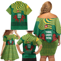 Togo Family Matching Off Shoulder Short Dress and Hawaiian Shirt with Red Twin Lions and Travail Liberté Patrie Slogan