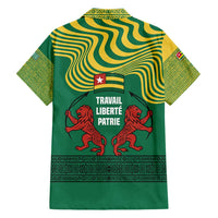 Togo Family Matching Off Shoulder Short Dress and Hawaiian Shirt with Red Twin Lions and Travail Liberté Patrie Slogan