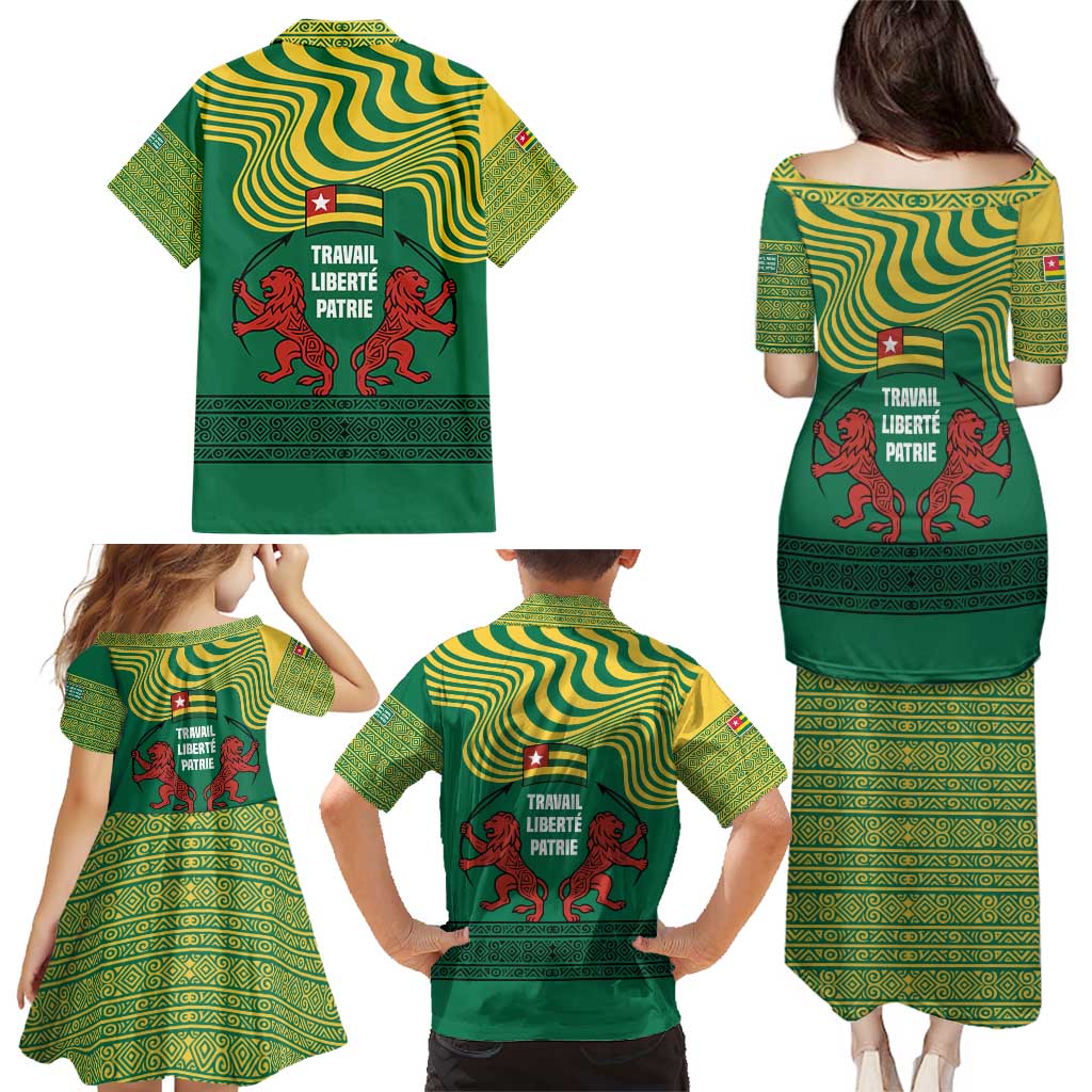 Togo Family Matching Puletasi and Hawaiian Shirt with Red Twin Lions and Travail Liberté Patrie Slogan
