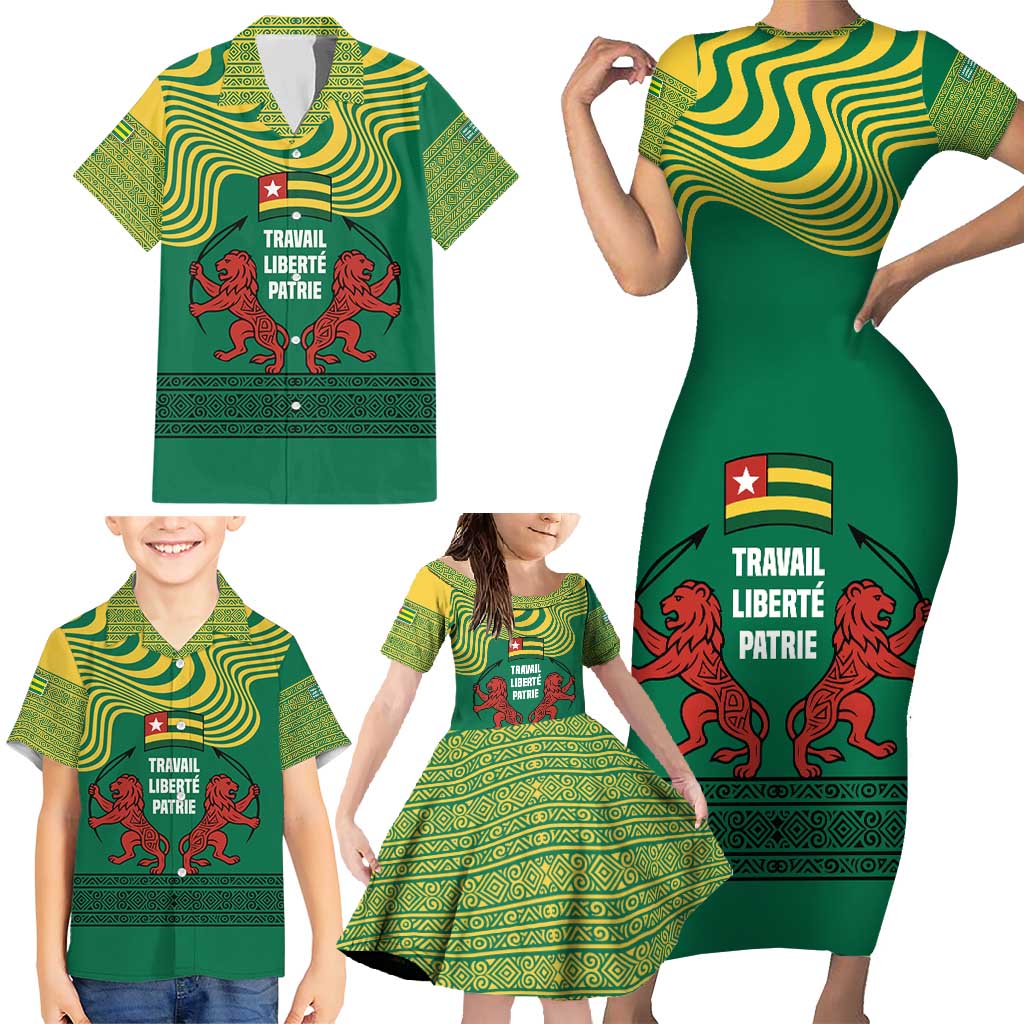 Togo Family Matching Short Sleeve Bodycon Dress and Hawaiian Shirt with Red Twin Lions and Travail Liberté Patrie Slogan