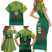 Togo Family Matching Short Sleeve Bodycon Dress and Hawaiian Shirt with Red Twin Lions and Travail Liberté Patrie Slogan