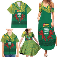Togo Family Matching Summer Maxi Dress and Hawaiian Shirt with Red Twin Lions and Travail Liberté Patrie Slogan