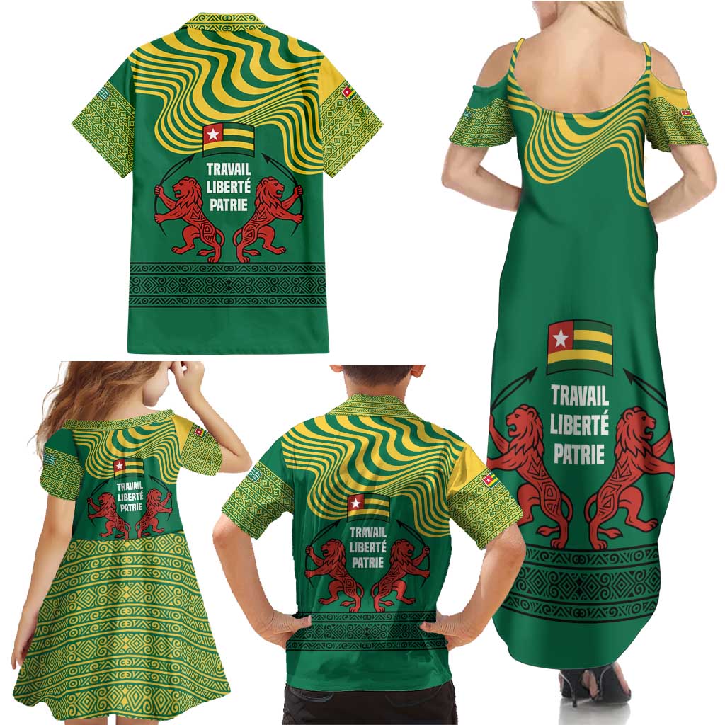 Togo Family Matching Summer Maxi Dress and Hawaiian Shirt with Red Twin Lions and Travail Liberté Patrie Slogan