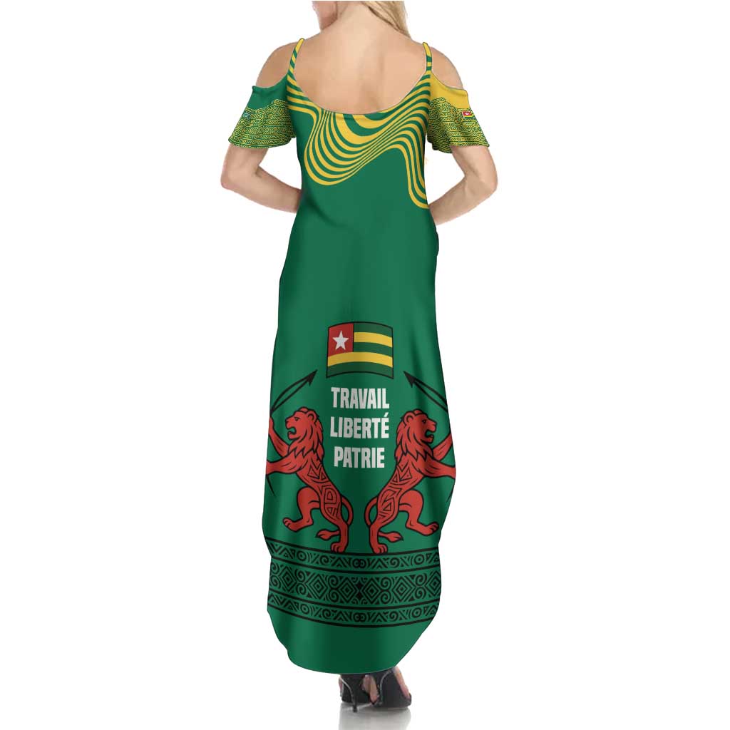 Togo Family Matching Summer Maxi Dress and Hawaiian Shirt with Red Twin Lions and Travail Liberté Patrie Slogan