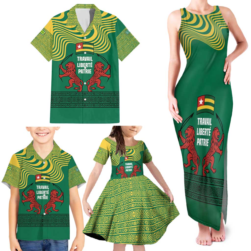 Togo Family Matching Tank Maxi Dress and Hawaiian Shirt with Red Twin Lions and Travail Liberté Patrie Slogan