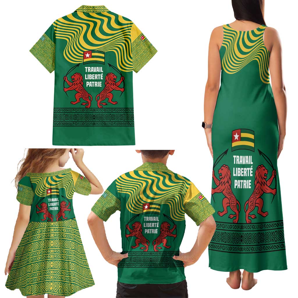 Togo Family Matching Tank Maxi Dress and Hawaiian Shirt with Red Twin Lions and Travail Liberté Patrie Slogan