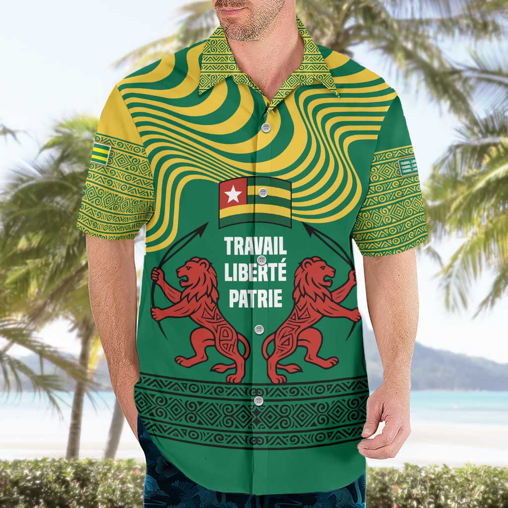 Togo Hawaiian Shirt with Red Twin Lions and Travail Liberté Patrie Slogan