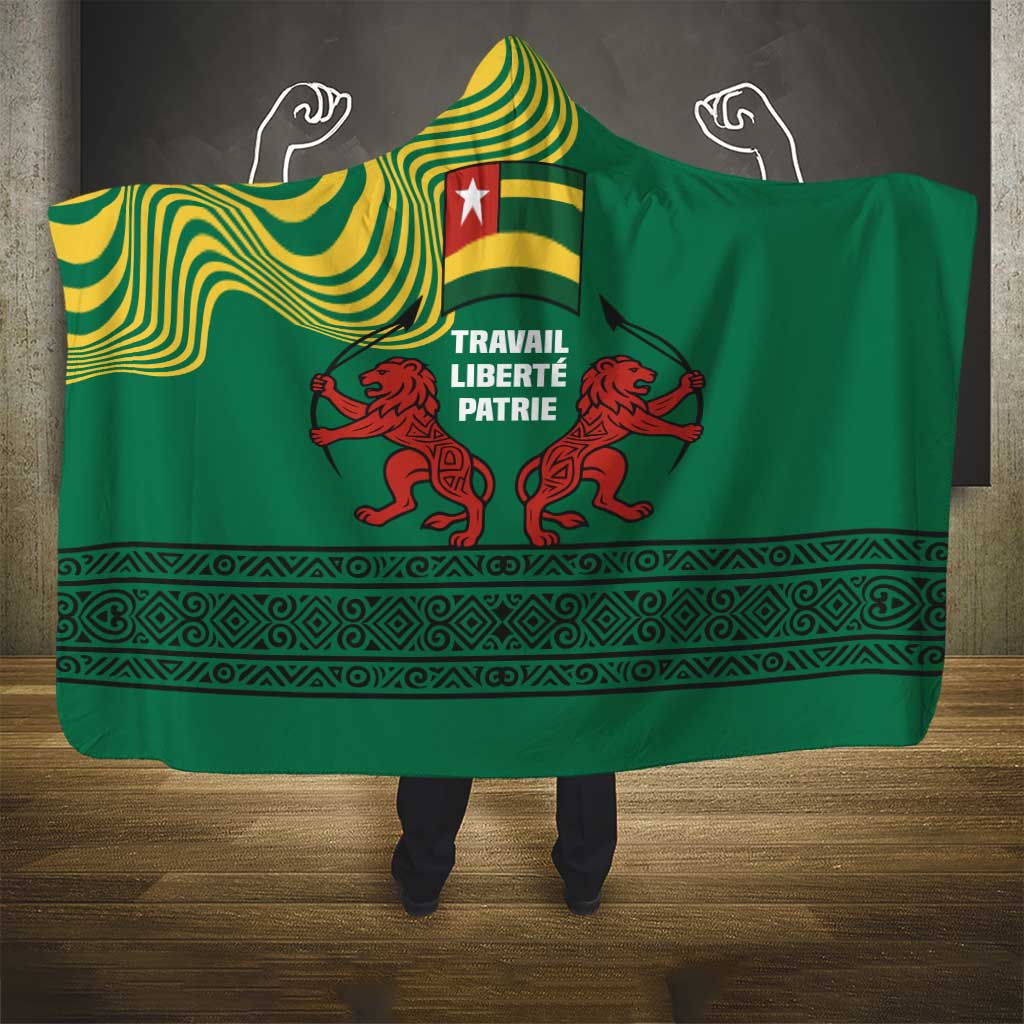Togo Hooded Blanket with Red Twin Lions and Travail Liberté Patrie Slogan
