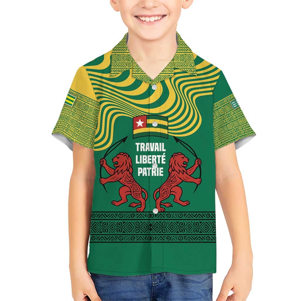 Togo Kid Hawaiian Shirt with Red Twin Lions and Travail Liberté Patrie Slogan