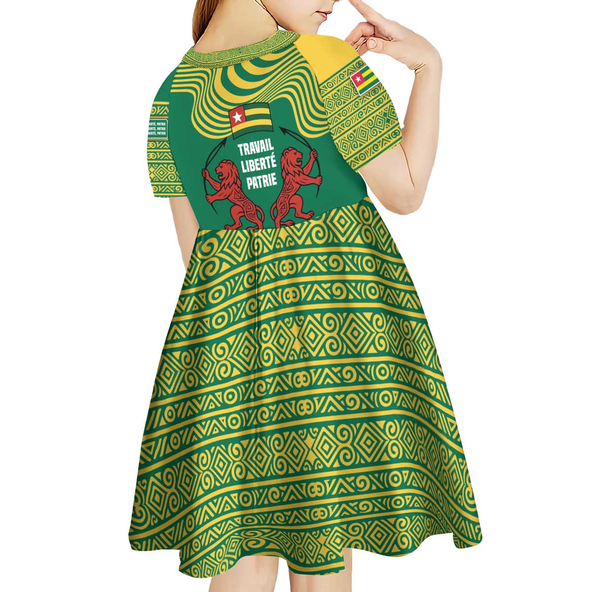 Togo Kid Short Sleeve Dress with Red Twin Lions and Travail Liberté Patrie Slogan