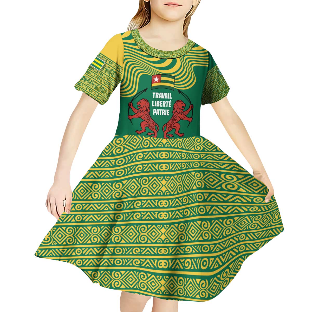 Togo Kid Short Sleeve Dress with Red Twin Lions and Travail Liberté Patrie Slogan