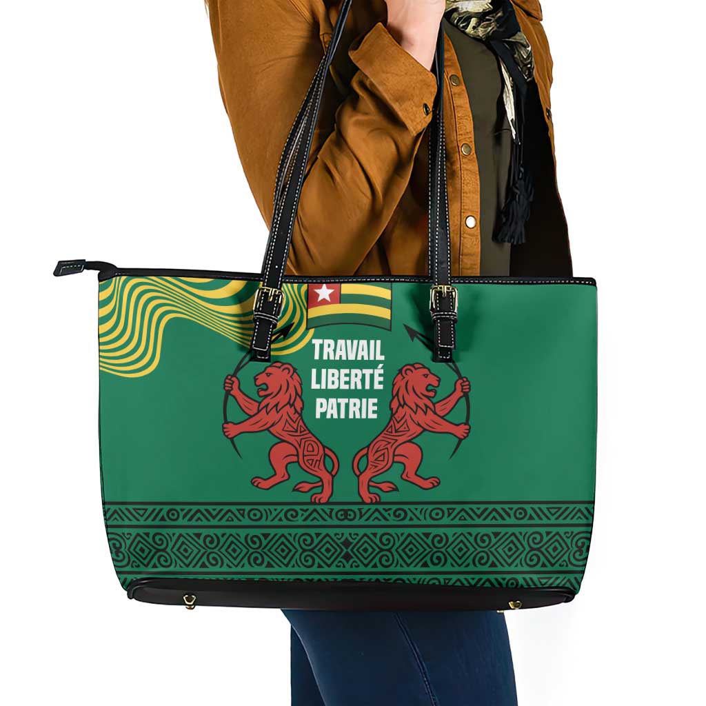 Togo Leather Tote Bag with Red Twin Lions and Travail Liberté Patrie Slogan