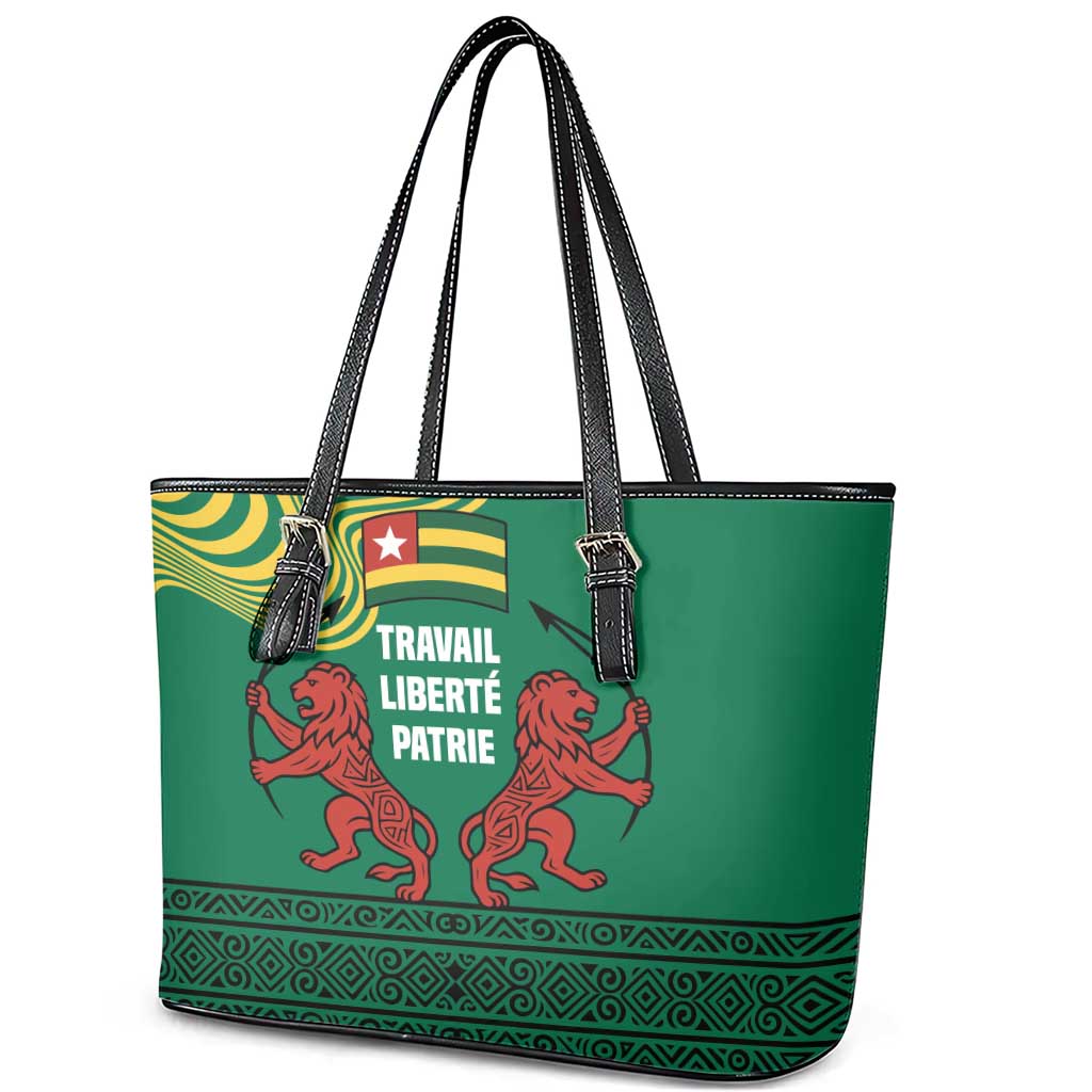 Togo Leather Tote Bag with Red Twin Lions and Travail Liberté Patrie Slogan