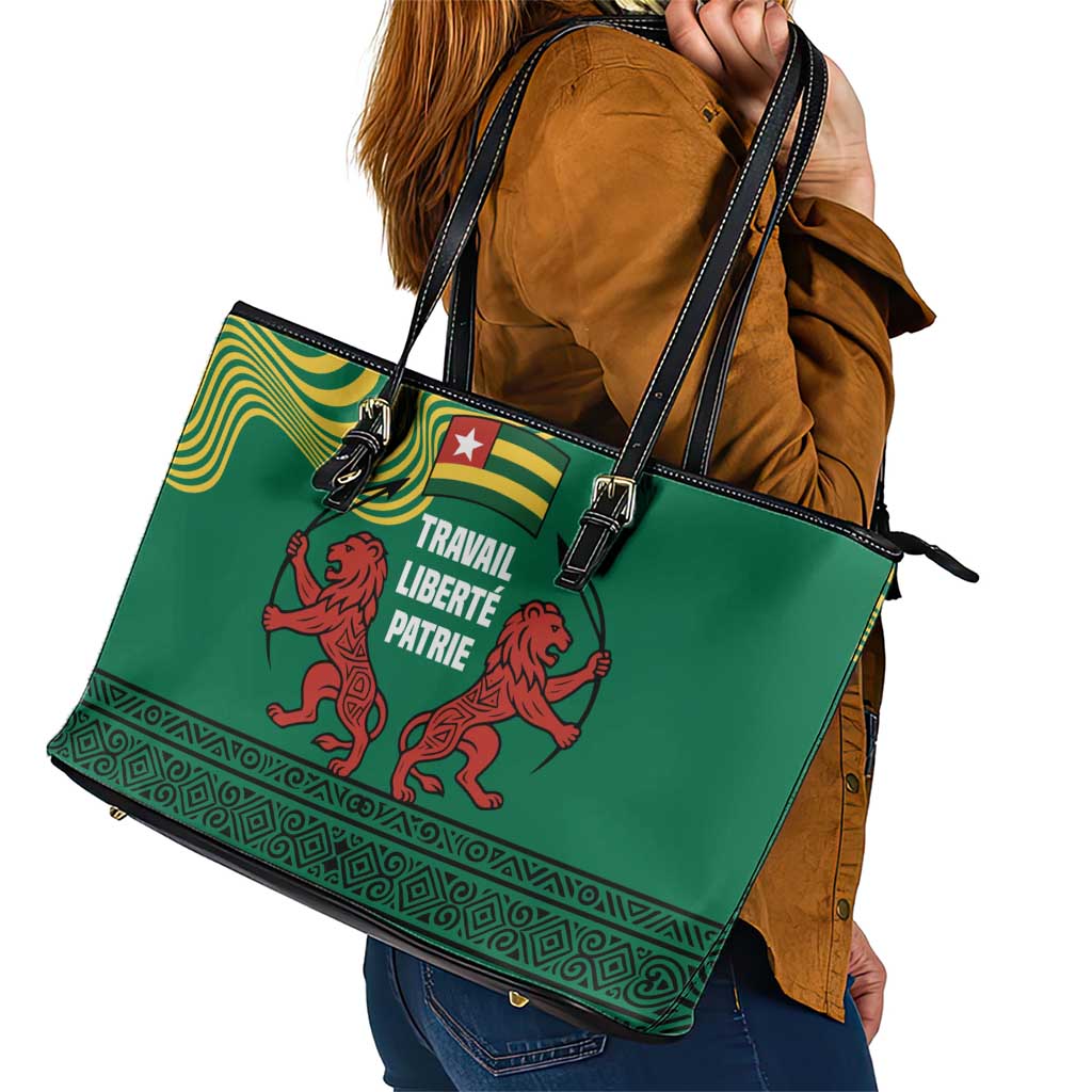 Togo Leather Tote Bag with Red Twin Lions and Travail Liberté Patrie Slogan