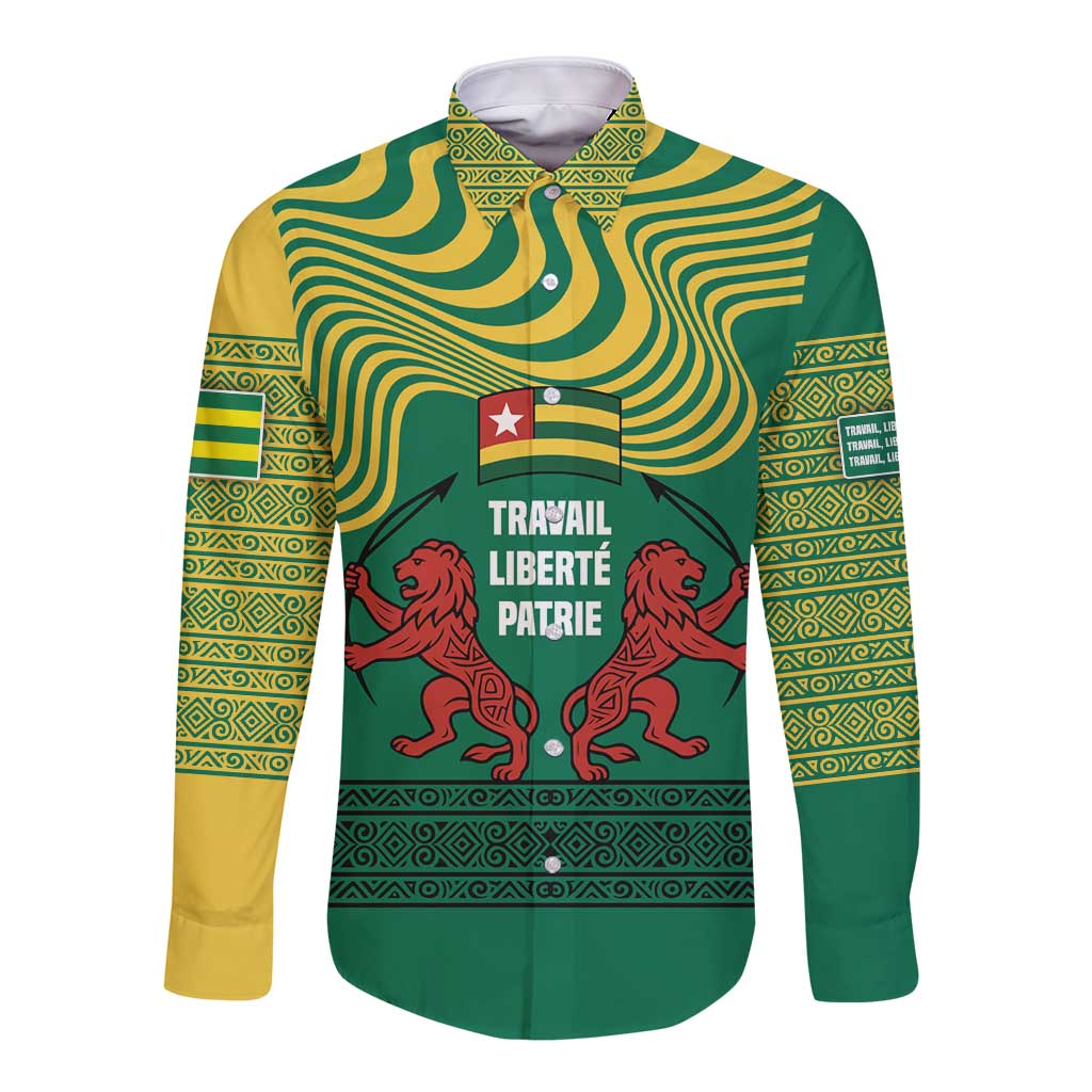 Togo Long Sleeve Button Shirt with Red Twin Lions and Travail Liberté Patrie Slogan