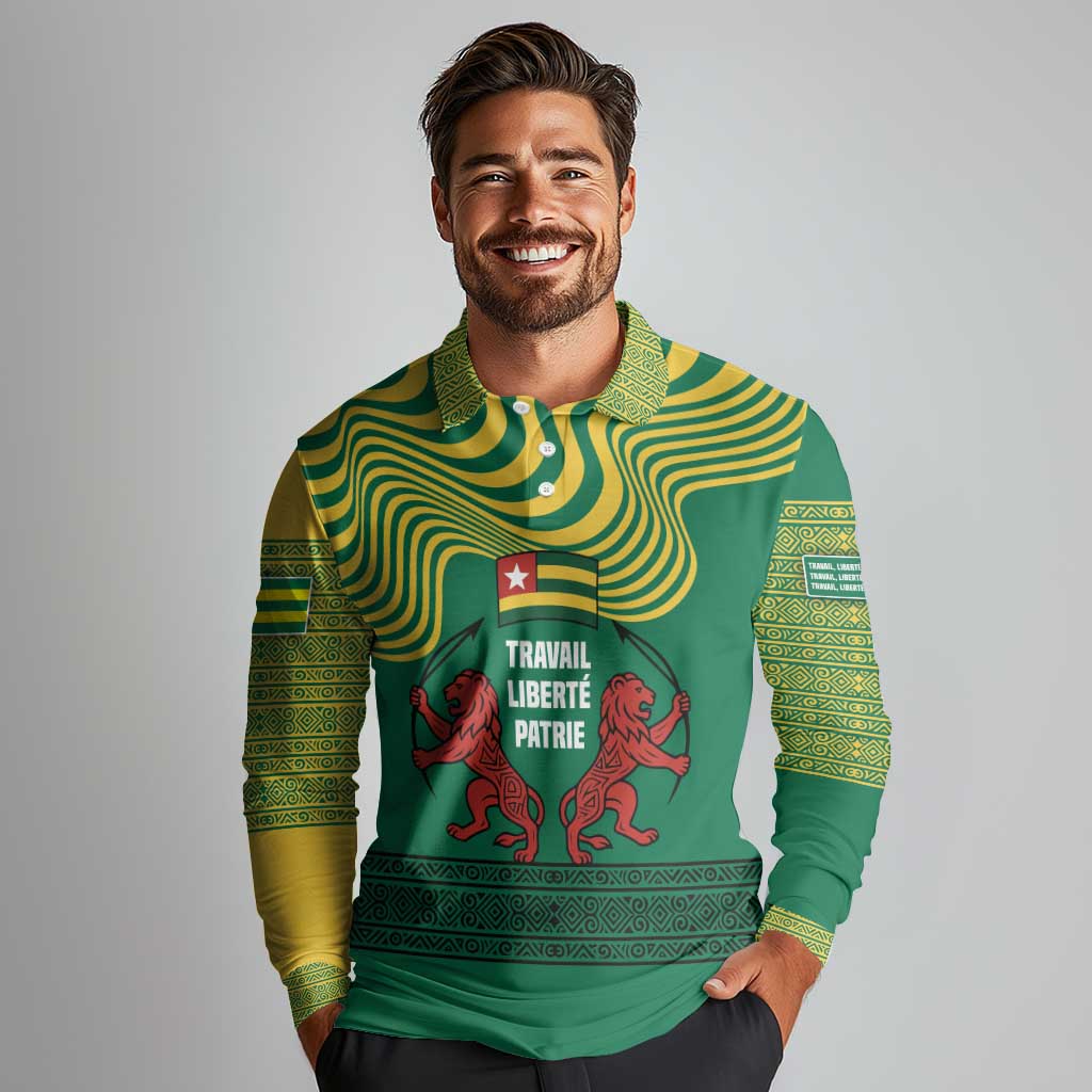 Togo Long Sleeve Polo Shirt with Red Twin Lions and Travail Liberté Patrie Slogan