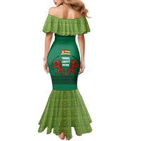 Togo Mermaid Dress with Red Twin Lions and Travail Liberté Patrie Slogan