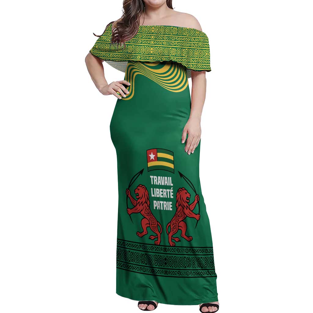 Togo Off Shoulder Maxi Dress with Red Twin Lions and Travail Liberté Patrie Slogan