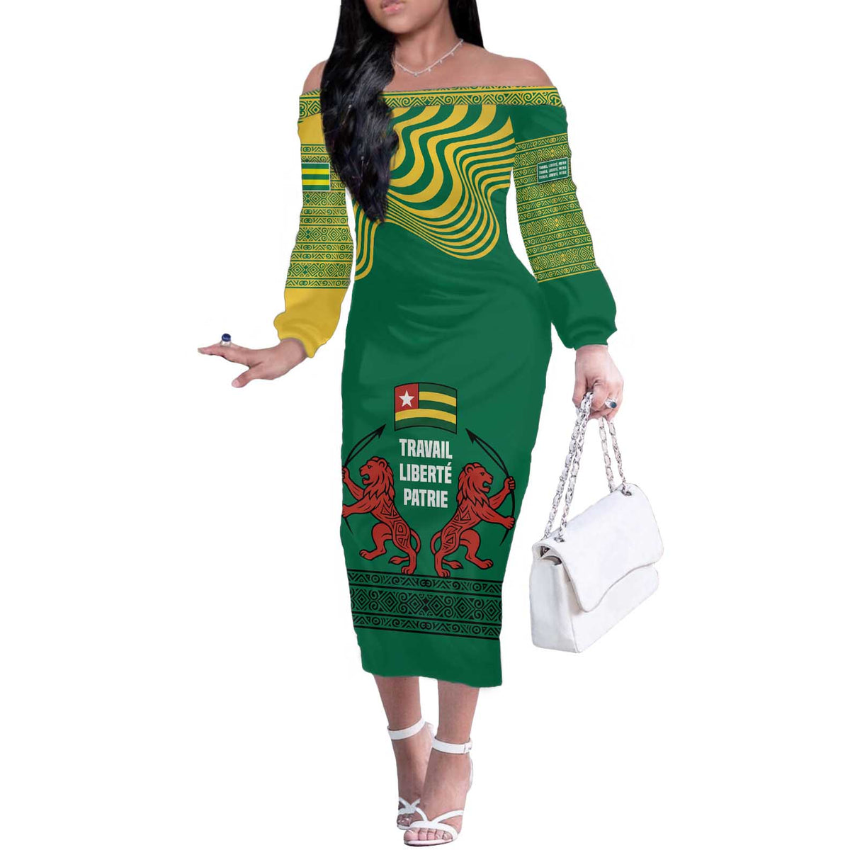 Togo Off The Shoulder Long Sleeve Dress with Red Twin Lions and Travail Liberté Patrie Slogan