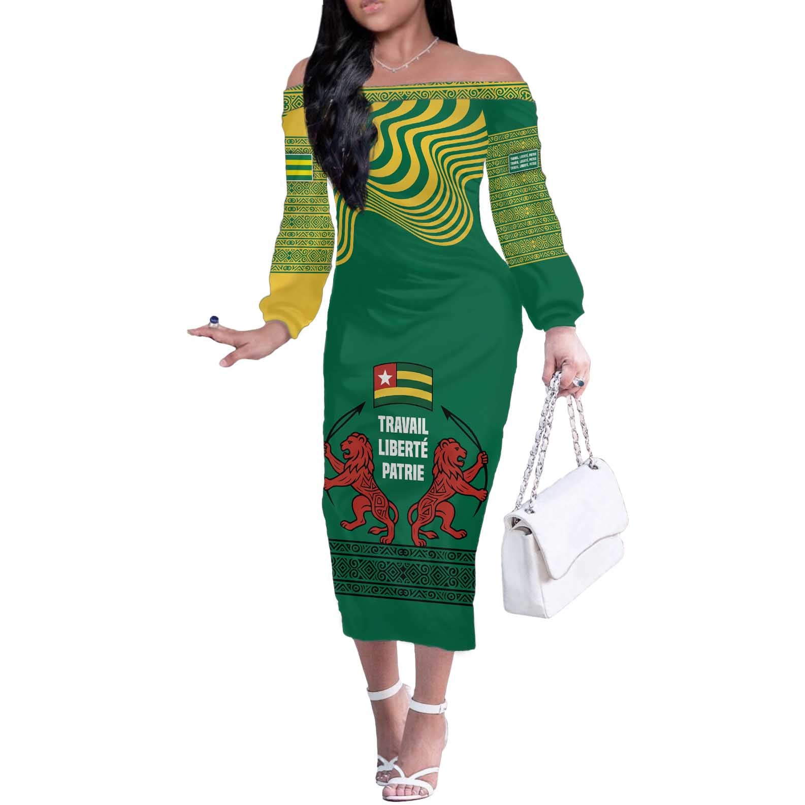 Togo Off The Shoulder Long Sleeve Dress with Red Twin Lions and Travail Liberté Patrie Slogan