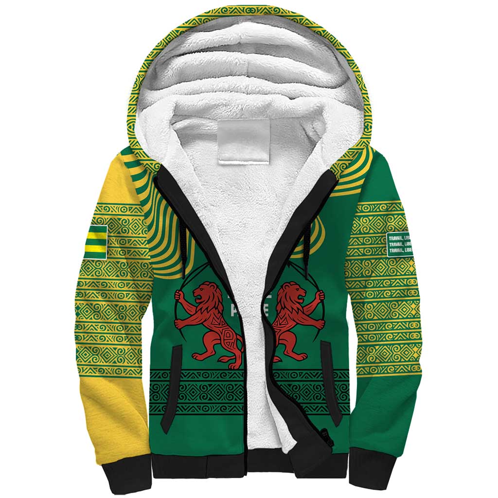 Togo Sherpa Hoodie with Red Twin Lions and Travail Liberté Patrie Slogan