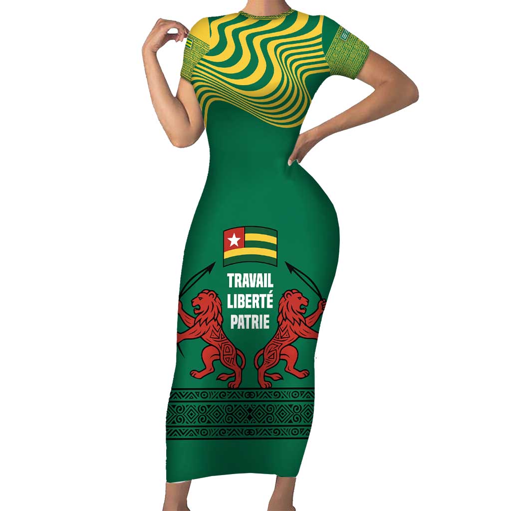 Togo Short Sleeve Bodycon Dress with Red Twin Lions and Travail Liberté Patrie Slogan