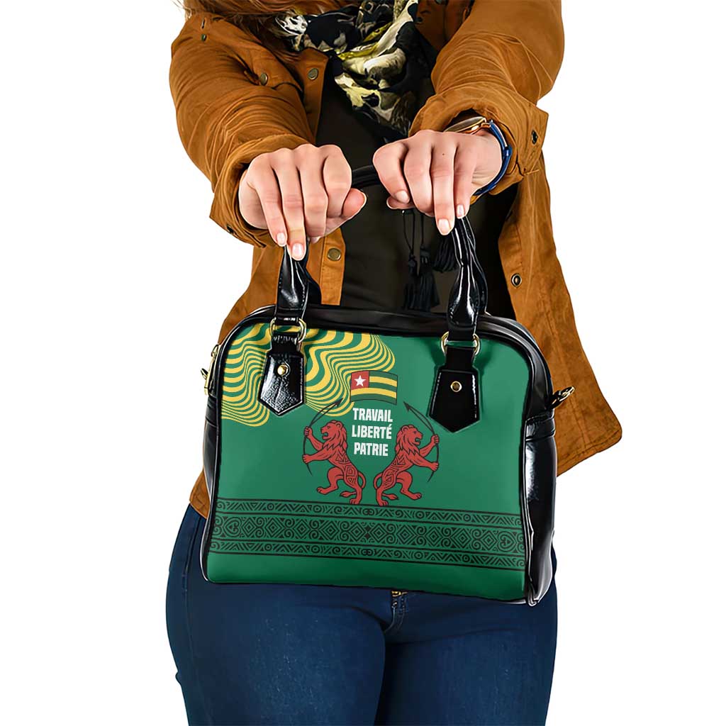 Togo Shoulder Handbag with Red Twin Lions and Travail Liberté Patrie Slogan