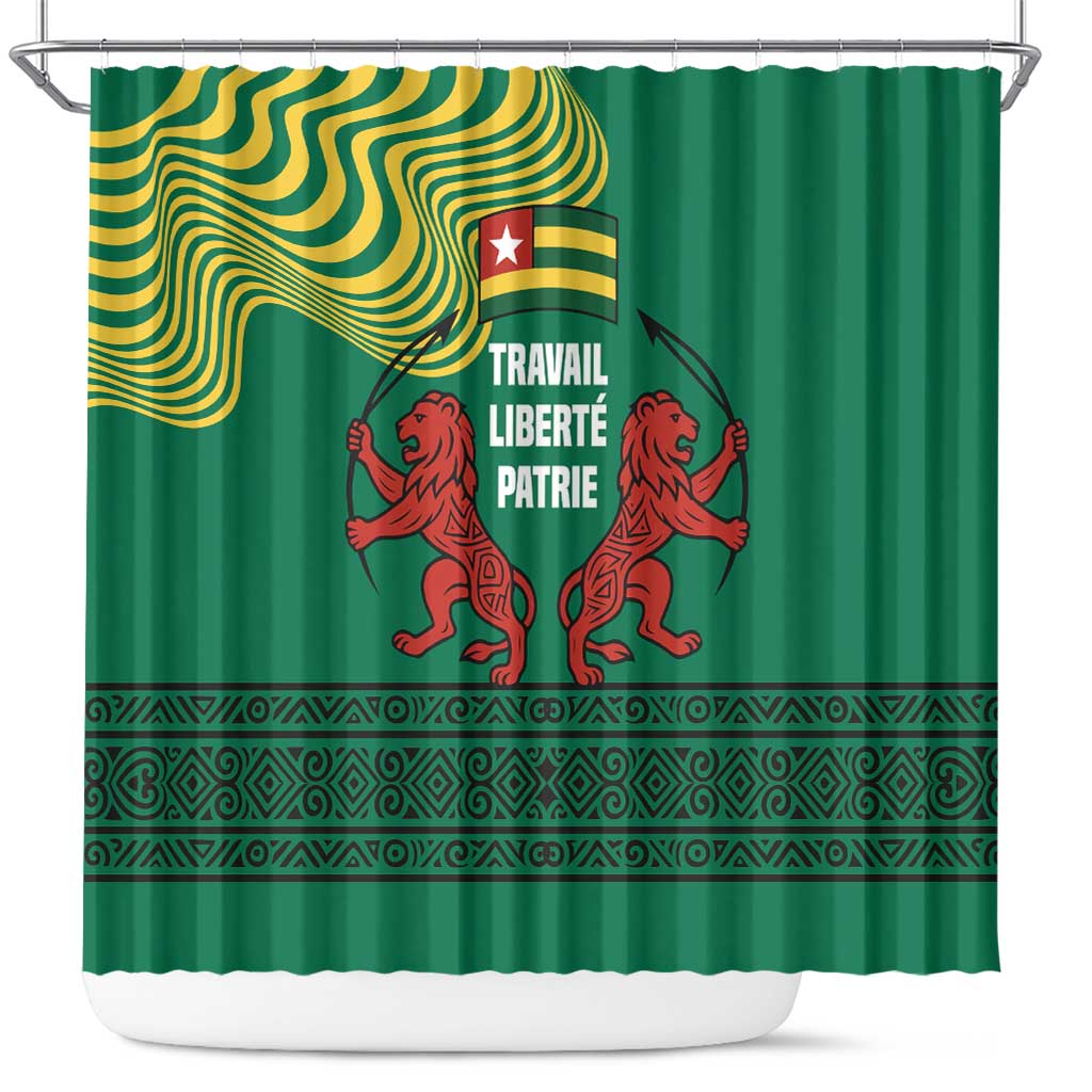 Togo Shower Curtain with Red Twin Lions and Travail Liberté Patrie Slogan