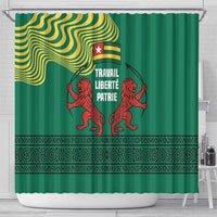 Togo Shower Curtain with Red Twin Lions and Travail Liberté Patrie Slogan