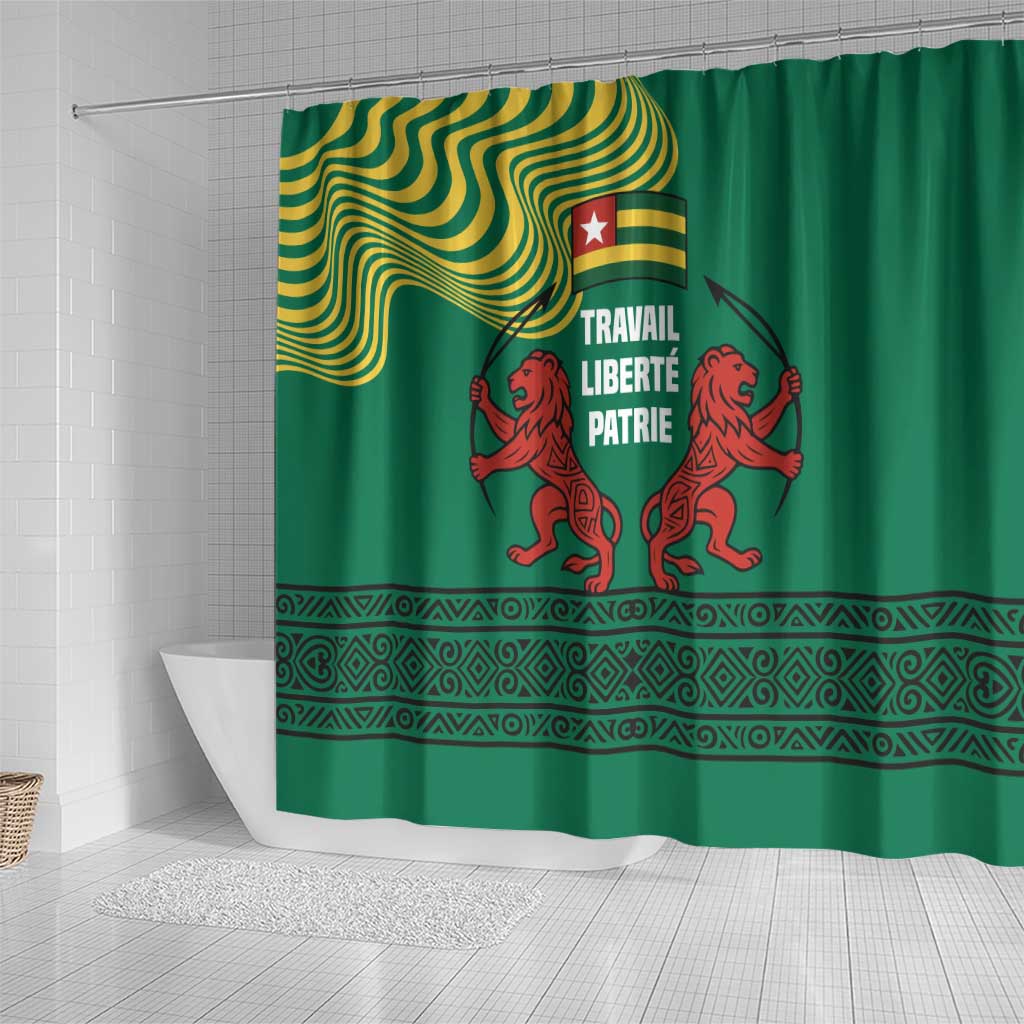 Togo Shower Curtain with Red Twin Lions and Travail Liberté Patrie Slogan