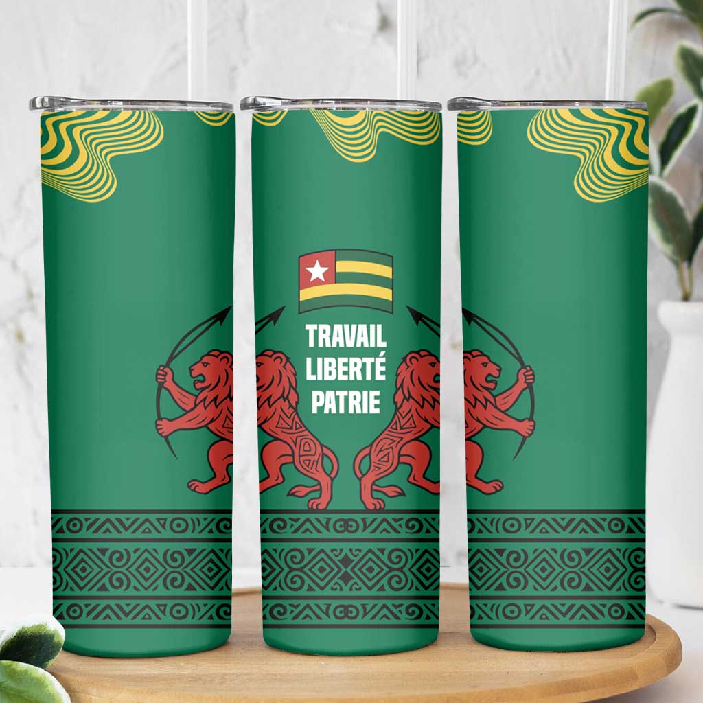 Togo Skinny Tumbler with Red Twin Lions and Travail Liberté Patrie Slogan