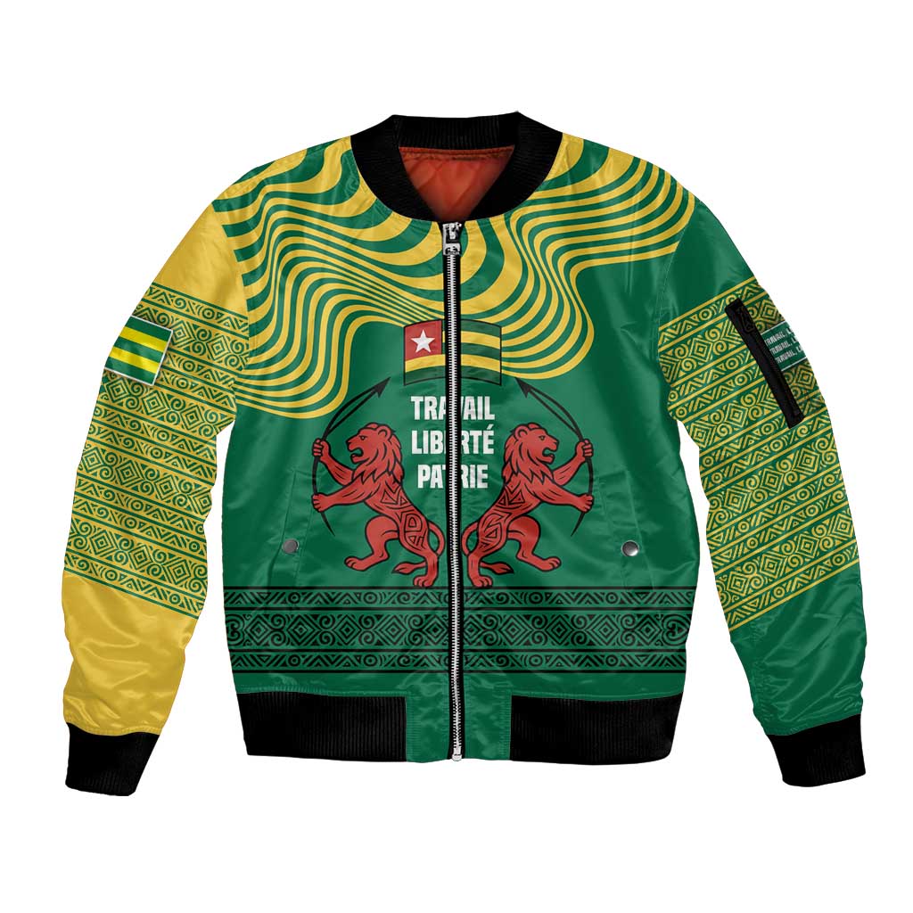 Togo Sleeve Zip Bomber Jacket with Red Twin Lions and Travail Liberté Patrie Slogan