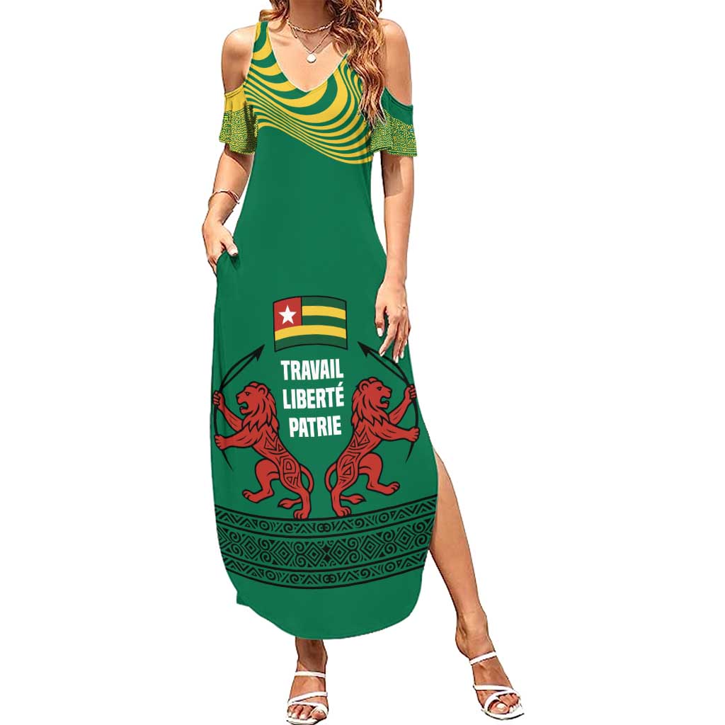 Togo Summer Maxi Dress with Red Twin Lions and Travail Liberté Patrie Slogan