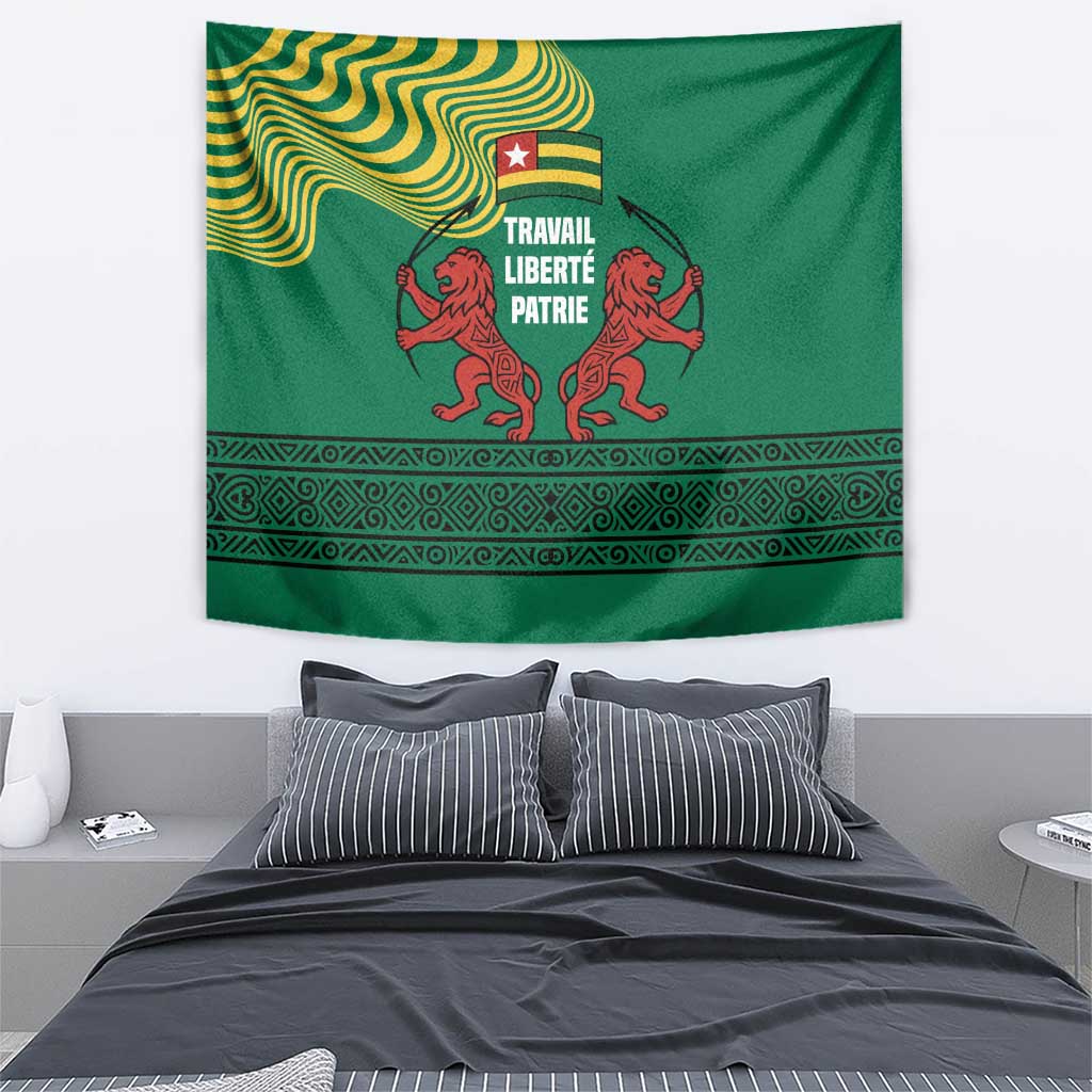 Togo Tapestry with Red Twin Lions and Travail Liberté Patrie Slogan