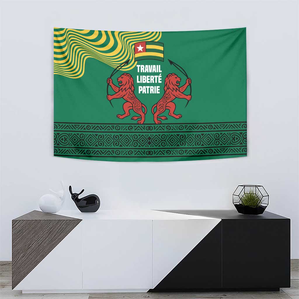 Togo Tapestry with Red Twin Lions and Travail Liberté Patrie Slogan