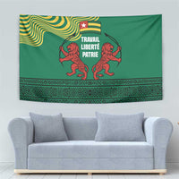 Togo Tapestry with Red Twin Lions and Travail Liberté Patrie Slogan