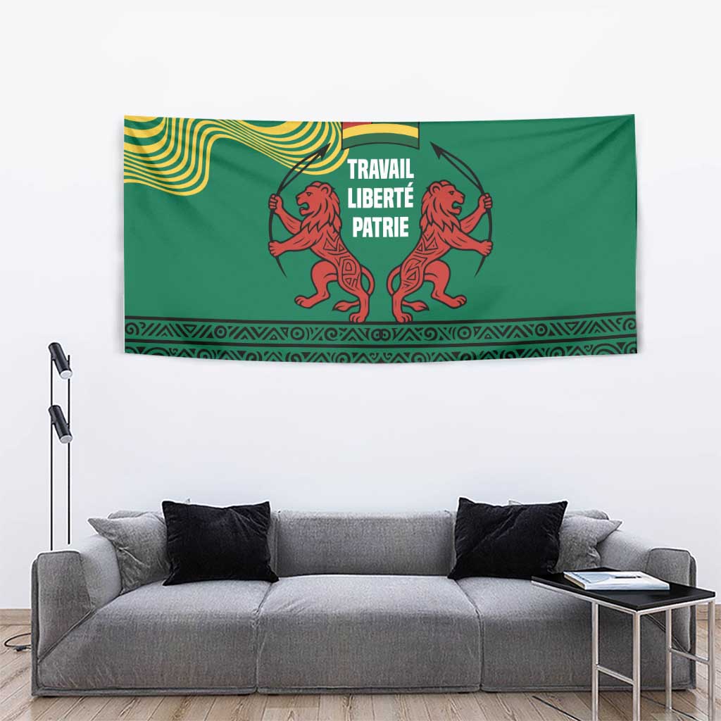 Togo Tapestry with Red Twin Lions and Travail Liberté Patrie Slogan