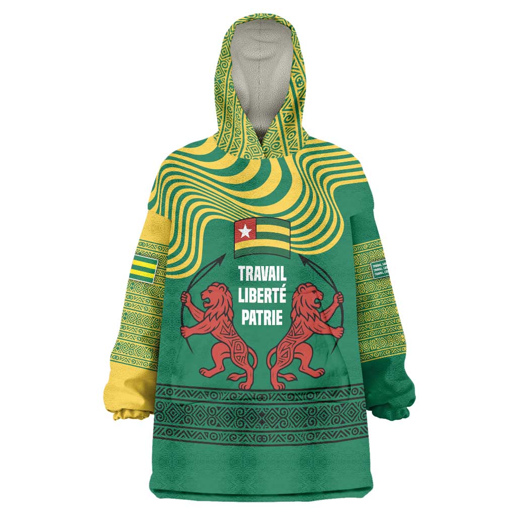 Togo Wearable Blanket Hoodie with Red Twin Lions and Travail Liberté Patrie Slogan
