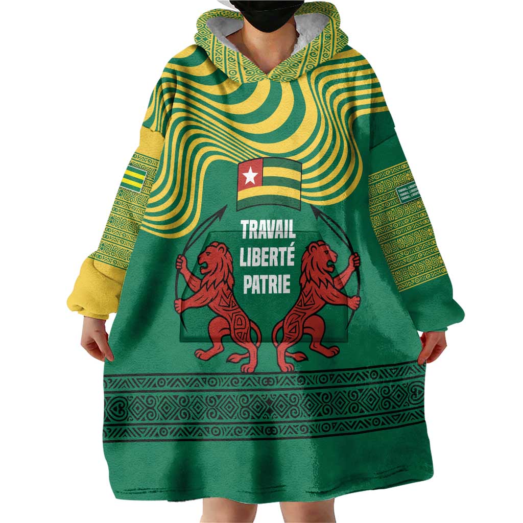 Togo Wearable Blanket Hoodie with Red Twin Lions and Travail Liberté Patrie Slogan