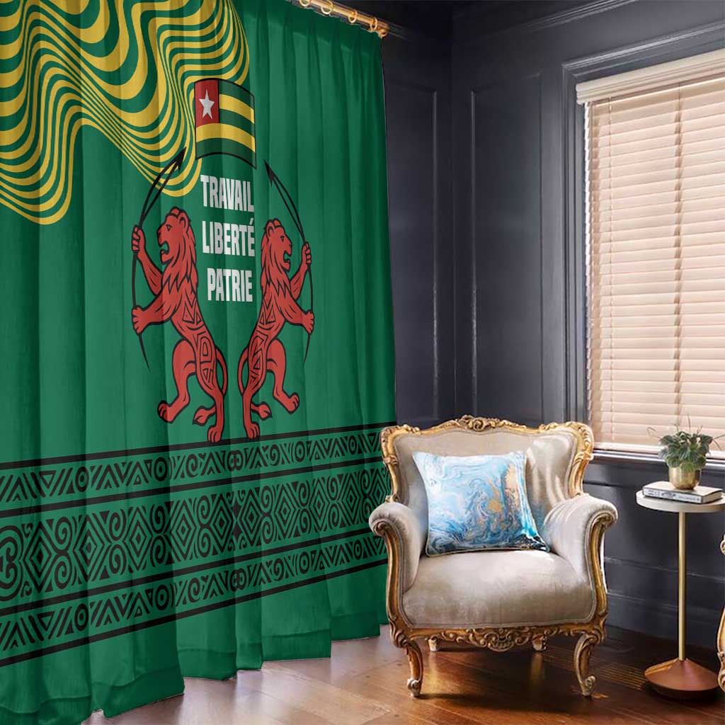 Togo Window Curtain with Red Twin Lions and Travail Liberté Patrie Slogan