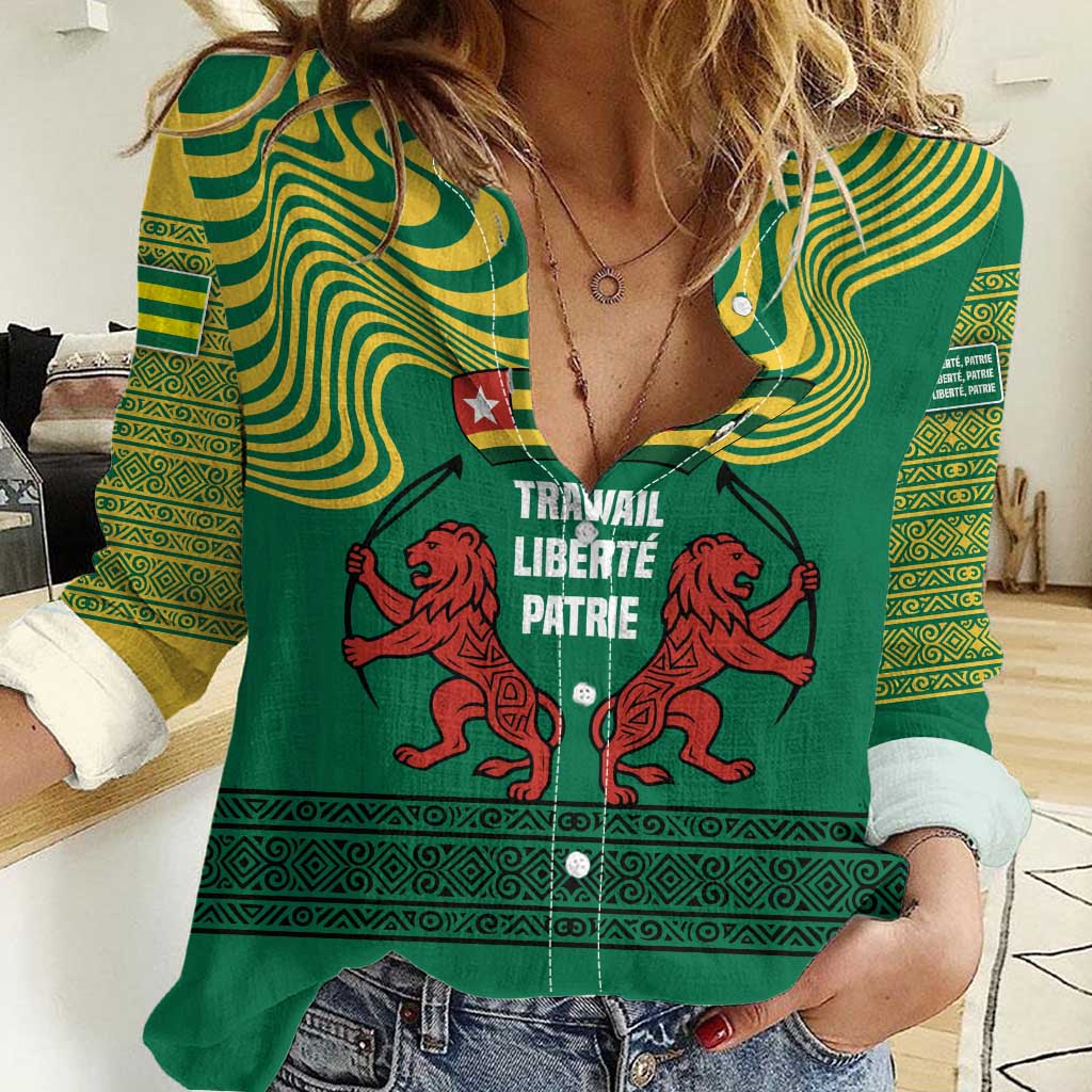 Togo Women Casual Shirt with Red Twin Lions and Travail Liberté Patrie Slogan