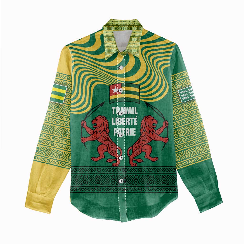 Togo Women Casual Shirt with Red Twin Lions and Travail Liberté Patrie Slogan