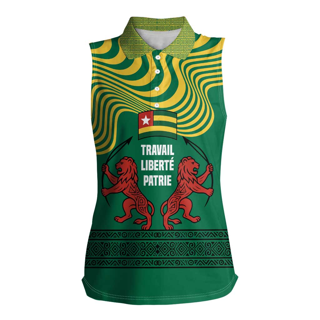 Togo Women Sleeveless Polo Shirt with Red Twin Lions and Travail Liberté Patrie Slogan