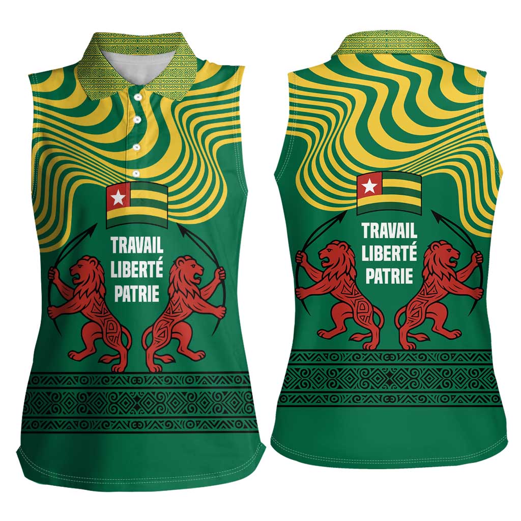 Togo Women Sleeveless Polo Shirt with Red Twin Lions and Travail Liberté Patrie Slogan