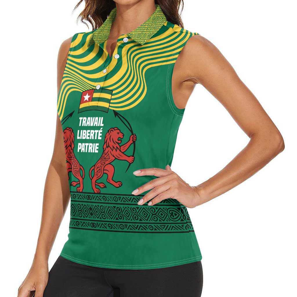 Togo Women Sleeveless Polo Shirt with Red Twin Lions and Travail Liberté Patrie Slogan