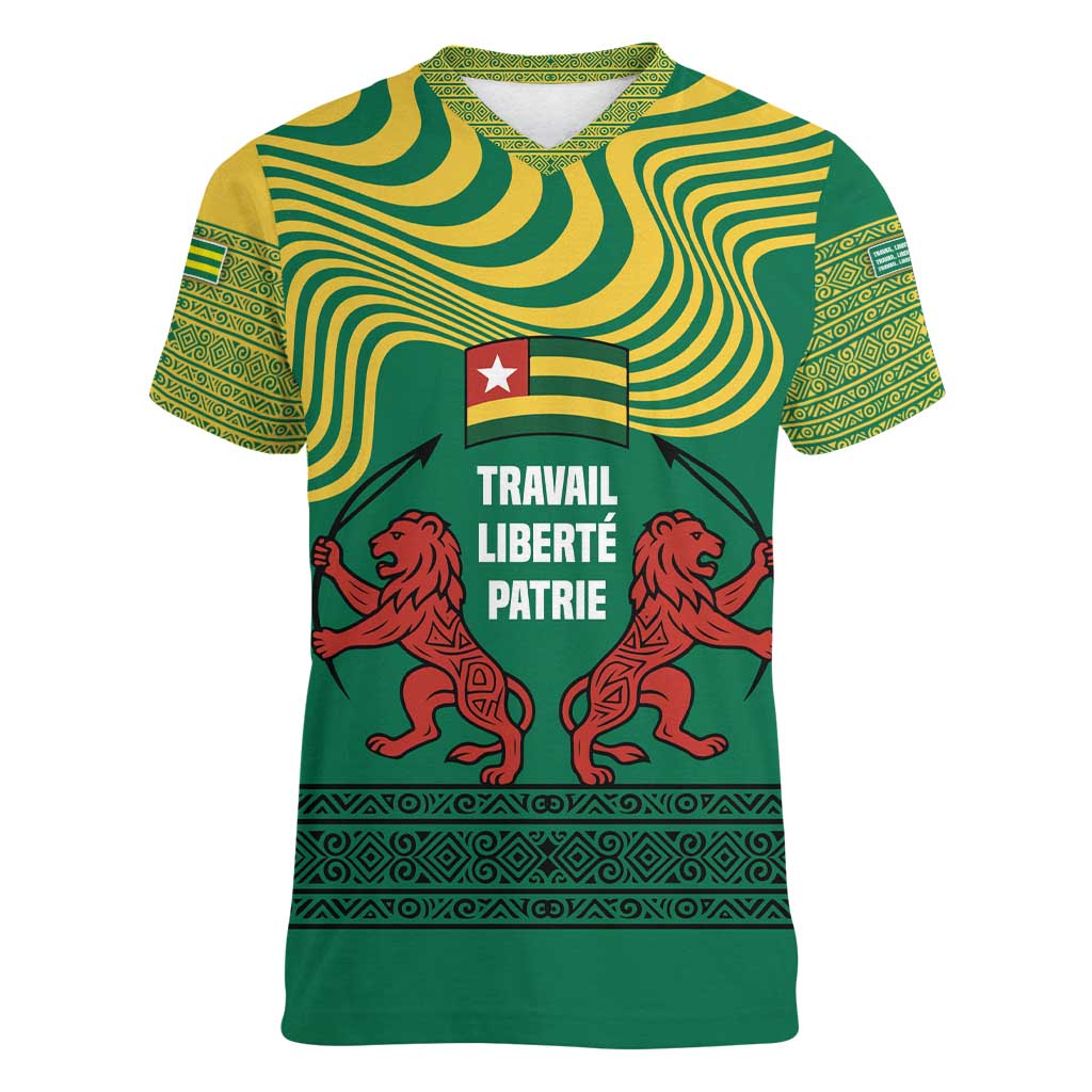 Togo Women V-Neck T-Shirt with Red Twin Lions and Travail Liberté Patrie Slogan