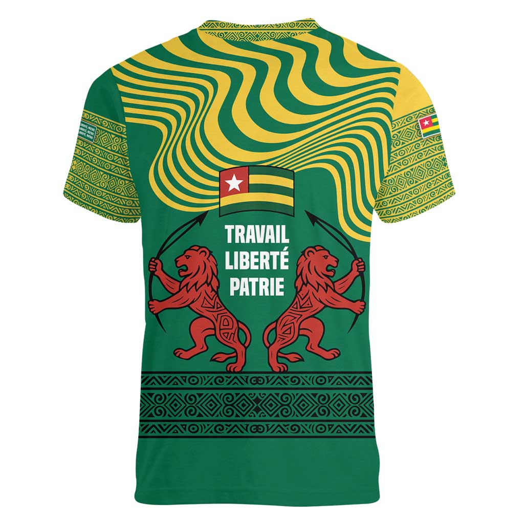 Togo Women V-Neck T-Shirt with Red Twin Lions and Travail Liberté Patrie Slogan